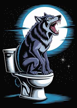Wolf on Toilet Howling at Moon