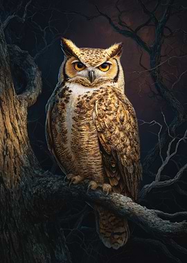 Great Horned Owl Perched on Branch