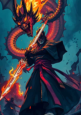Samurai Warrior with Fiery Dragon