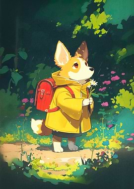 Corgi in Raincoat with Flowers