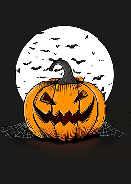 Halloween Pumpkin with Bats and Moon