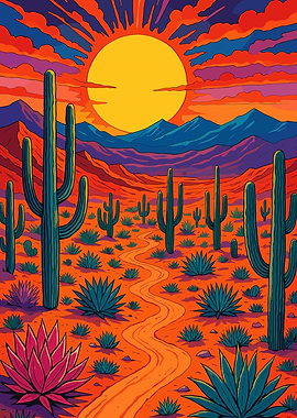 Vibrant Desert Landscape with Cacti
