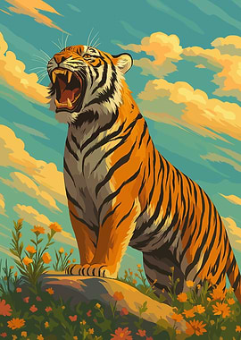 Roaring Tiger in Floral Landscape