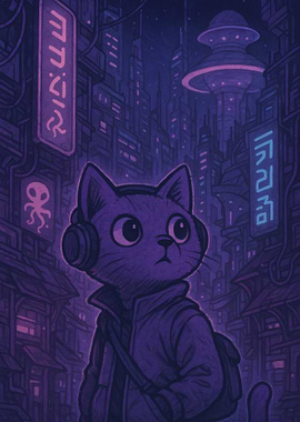 Cyberpunk Cat in Futuristic Cityscape