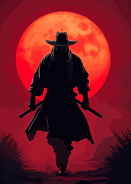 Samurai Silhouette with Red Moon