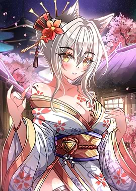 Anime Girl in Kimono with Fox Ears