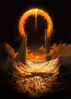 Fiery Portal Landscape with Crowd