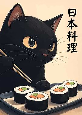 Black Cat with Sushi