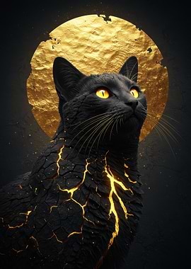 Golden-Eyed Black Cat with Cracked Texture