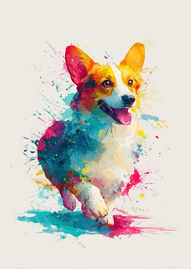 Colorful Corgi Dog Watercolor Painting