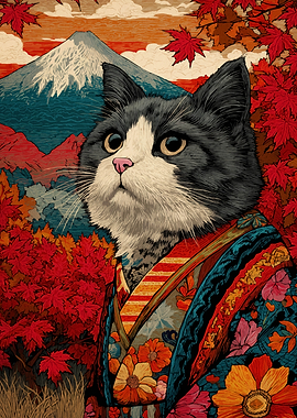 Cat Kimono Mount Fuji