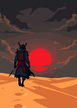 Samurai in Desert at Sunset
