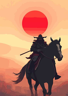 Samurai on Horseback at Sunset