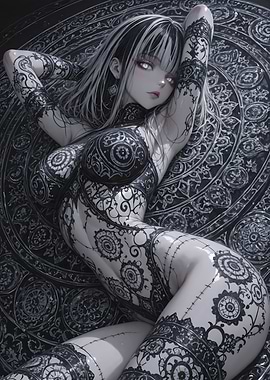Tattooed Anime Girl on Ornate Background