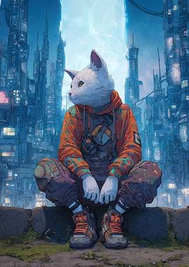 Anthropomorphic Cat in Cyberpunk Cityscape