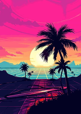 Vaporwave Palm Trees Sunset Digital Art
