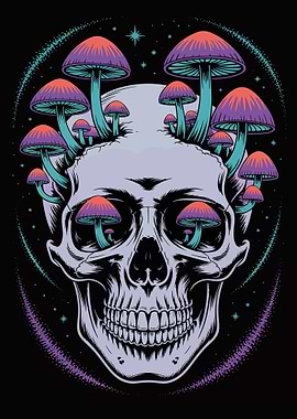 Skull with Mushrooms Digital Art