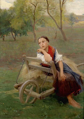 Girl with Wheelbarrow in Landscape Painting