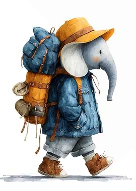 Elephant Traveler with Backpack and Hat