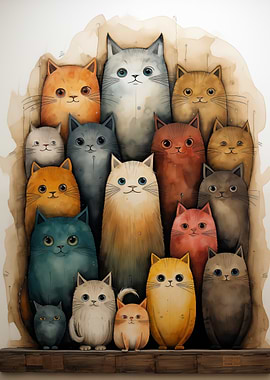 Watercolor Cat Family