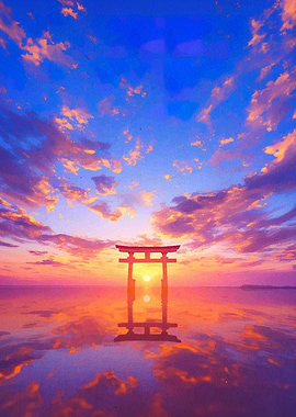 Torii Gate at Sunset Reflection