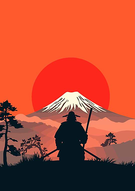 Samurai Silhouette with Mount Fuji Backdrop