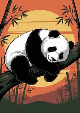 Sleeping Panda on Branch Illustration