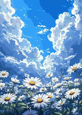 Daisy Field Under a Cloudy Sky