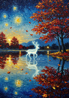 Autumnal Deer Reflection Painting