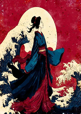 Japanese Woman in Waves and Moonlight