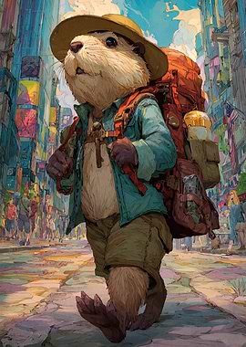 Anthropomorphic Beaver Traveler in Cityscape