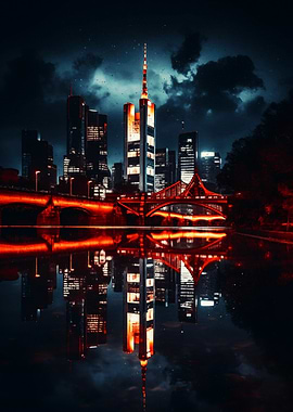 Frankfurt Night Cityscape Reflection