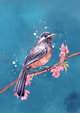 Bird on Branch with Pink Flowers