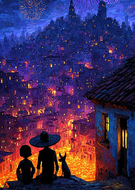 Nighttime Cityscape with Fireworks and Figures