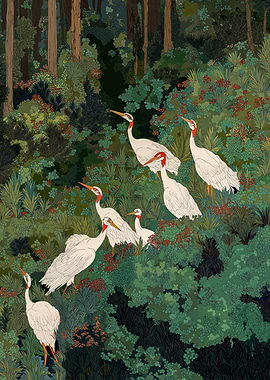 Japandi Wall Art Maximalist japanese chinoiserie Bird Wall Art wabi sabi forest Heron Painting living room poster
