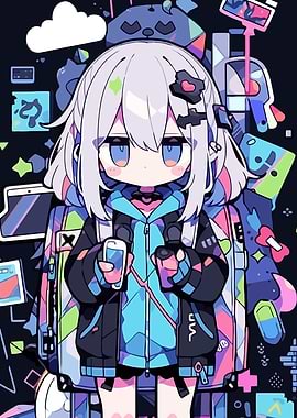 Anime Girl with Backpack and Phone