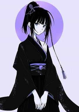 Anime Girl in Kimono with Moon