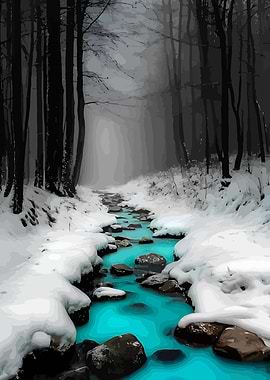 Winter Forest with Turquoise River