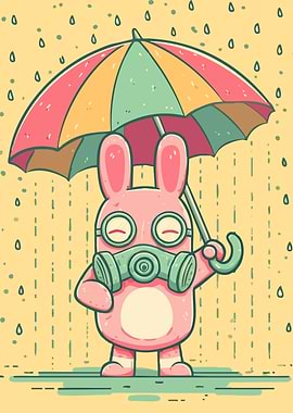 Cartoon Rabbit with Gas Mask in Rain