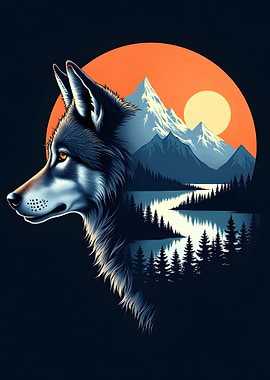 Wolf and Mountain Landscape Illustration
