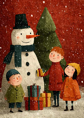 Children with Snowman and Christmas Gifts