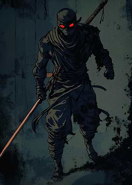 Dark Ninja with Glowing Red Eyes
