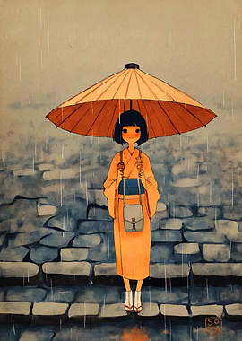 Girl in Kimono with Umbrella in Rain