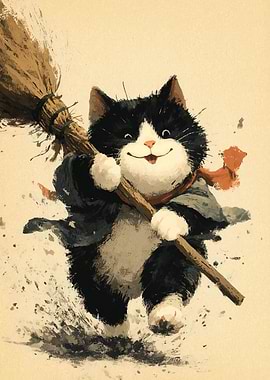 Happy Cat with Broom Illustration