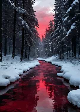 Blood River in Snowy Forest