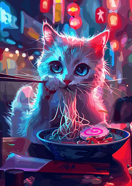 Cat eating ramen in a city