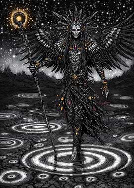 Winged Figure with Staff in Starry Landscape