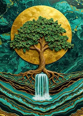 Golden Tree of Life Waterfall Art