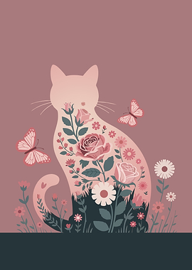 Floral Cat Silhouette with Butterflies