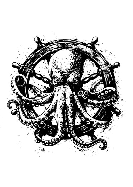 Octopus with Ship Wheel Black and White